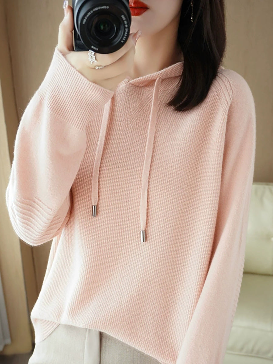 Women Casual Autumn Pure Color Hooded Knitted Sweater