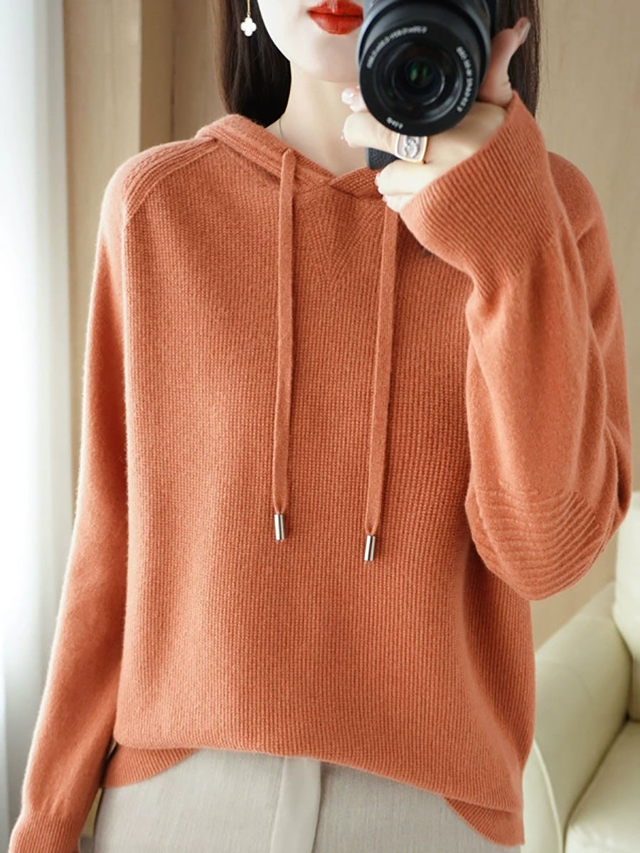 Women Casual Autumn Pure Color Hooded Knitted Sweater