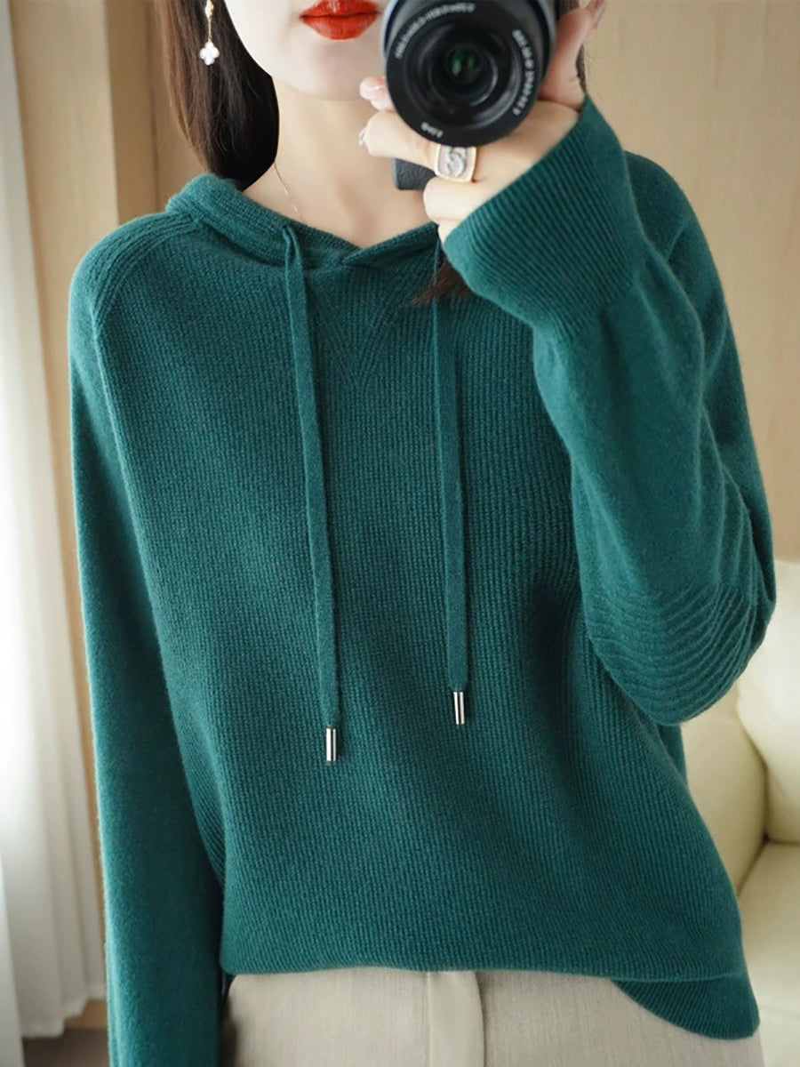 Women Casual Autumn Pure Color Hooded Knitted Sweater