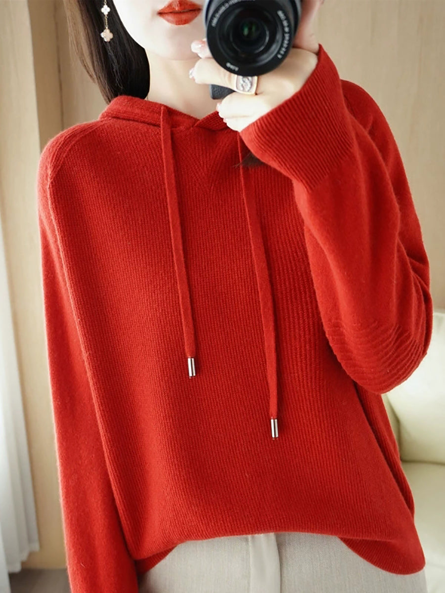 Women Casual Autumn Pure Color Hooded Knitted Sweater