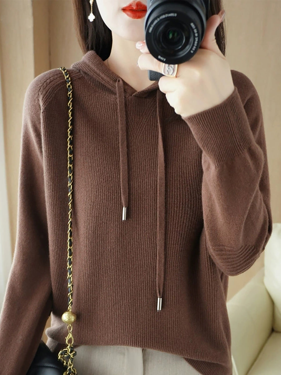 Women Casual Autumn Pure Color Hooded Knitted Sweater