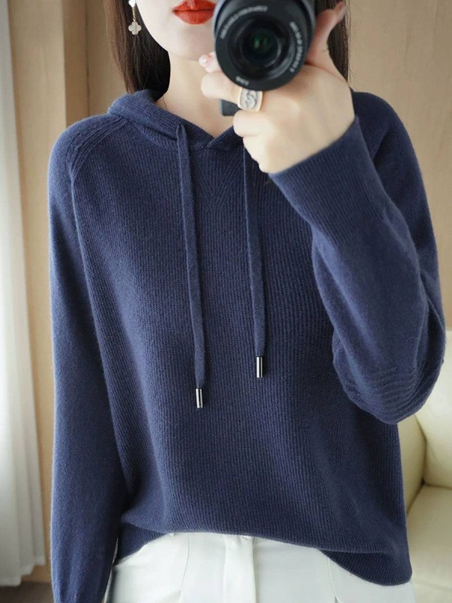 Women Casual Autumn Pure Color Hooded Knitted Sweater