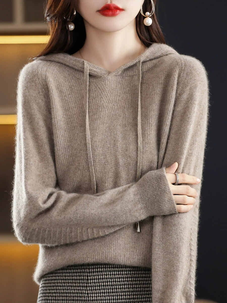 Women Casual Autumn Pure Color Hooded Knitted Sweater