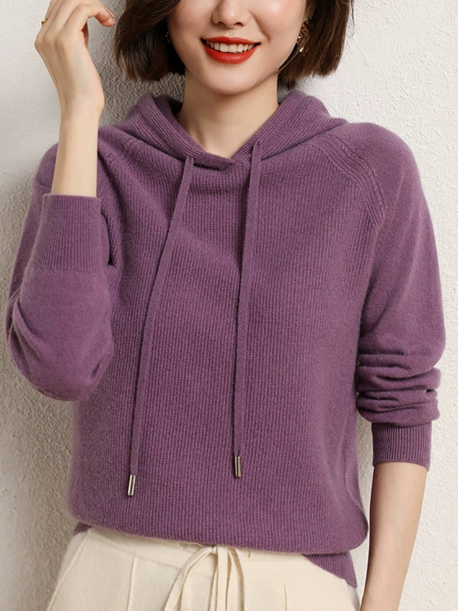 Women Casual Autumn Pure Color Hooded Knitted Sweater