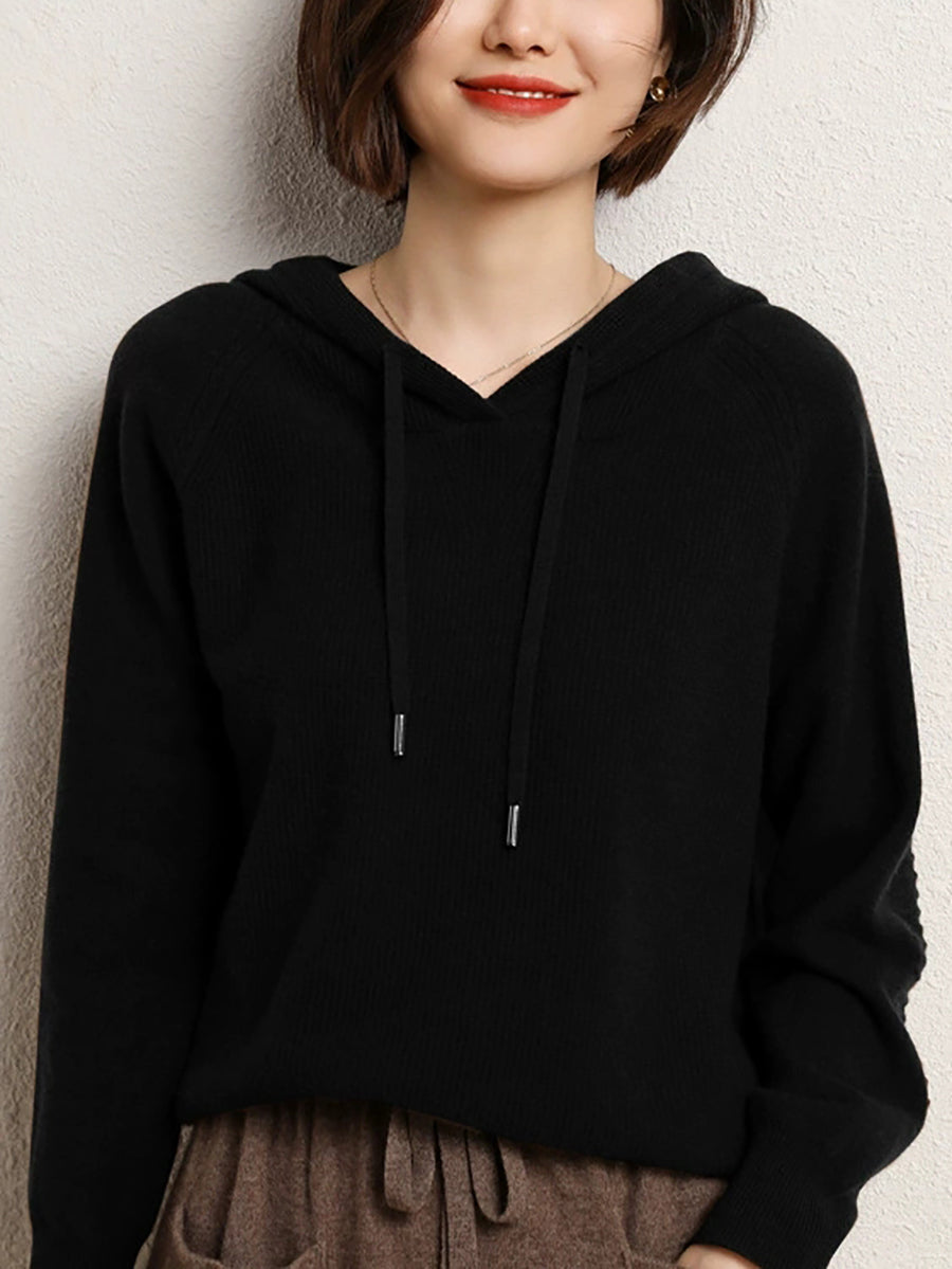 Women Casual Autumn Pure Color Hooded Knitted Sweater