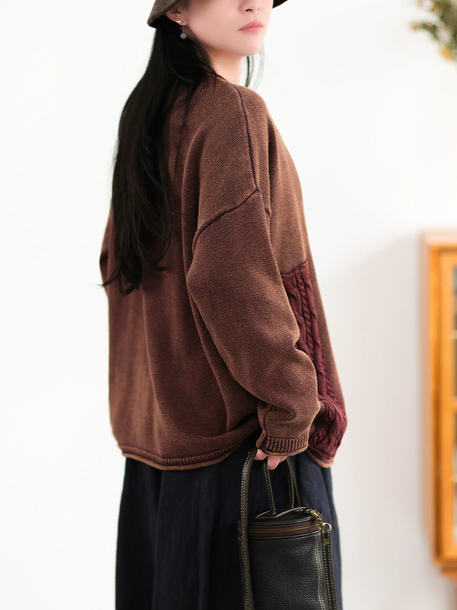 Women Autumn Retro Patch Spliced Knitted O-Neck Sweater