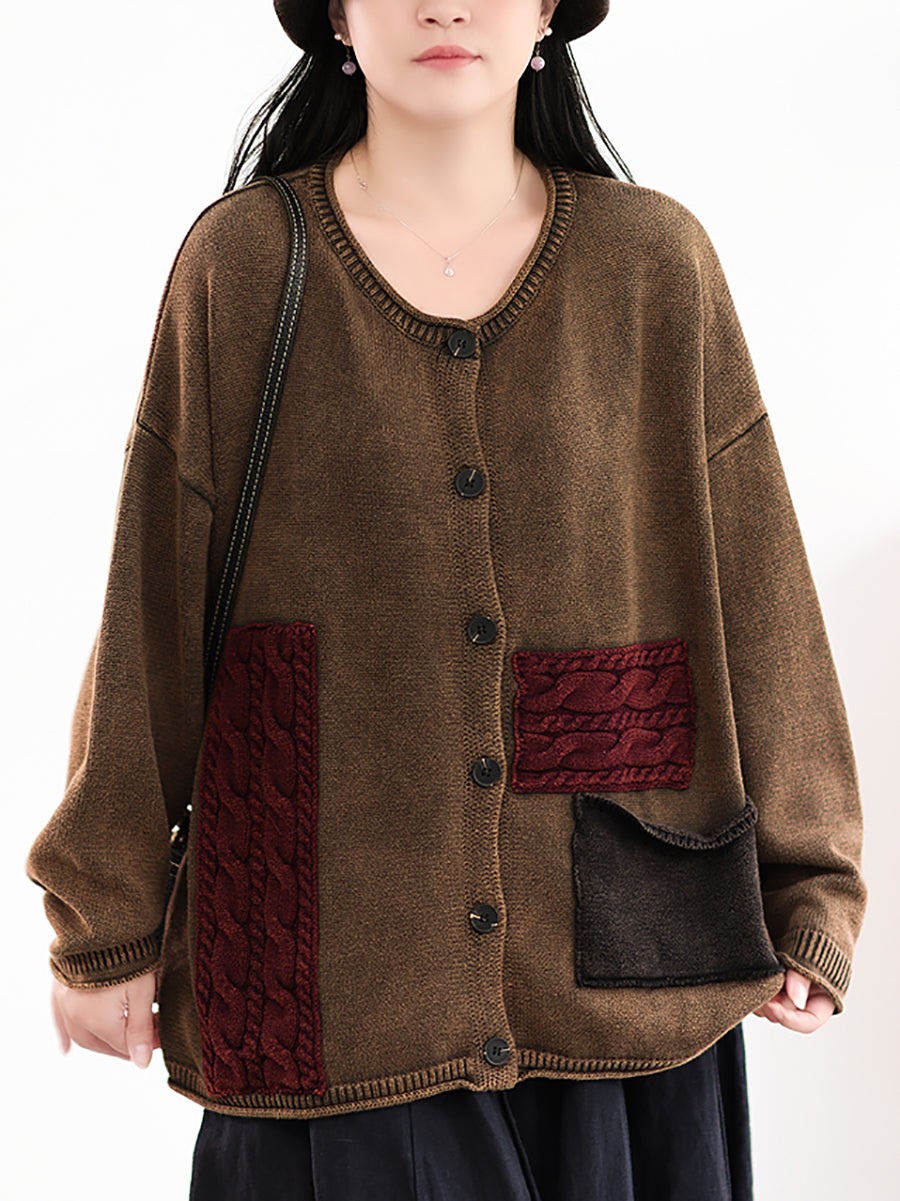 Women Autumn Retro Patch Spliced Knitted O-Neck Sweater