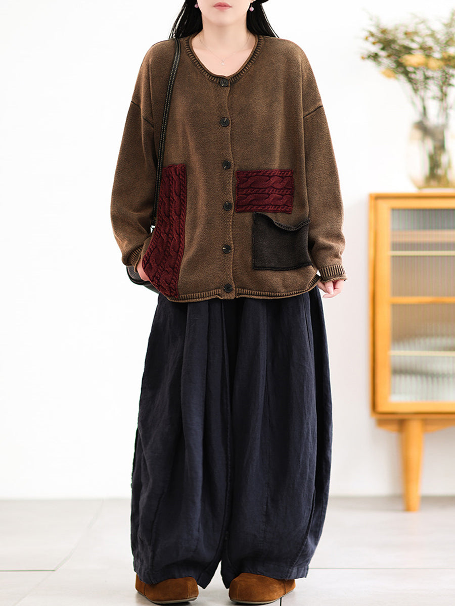 Women Autumn Retro Patch Spliced Knitted O-Neck Sweater