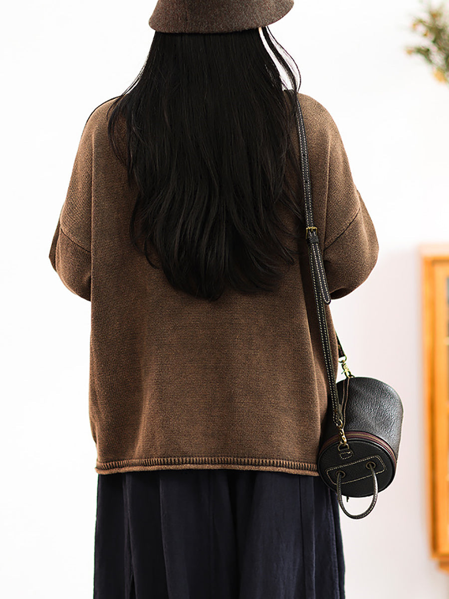 Women Autumn Retro Patch Spliced Knitted O-Neck Sweater