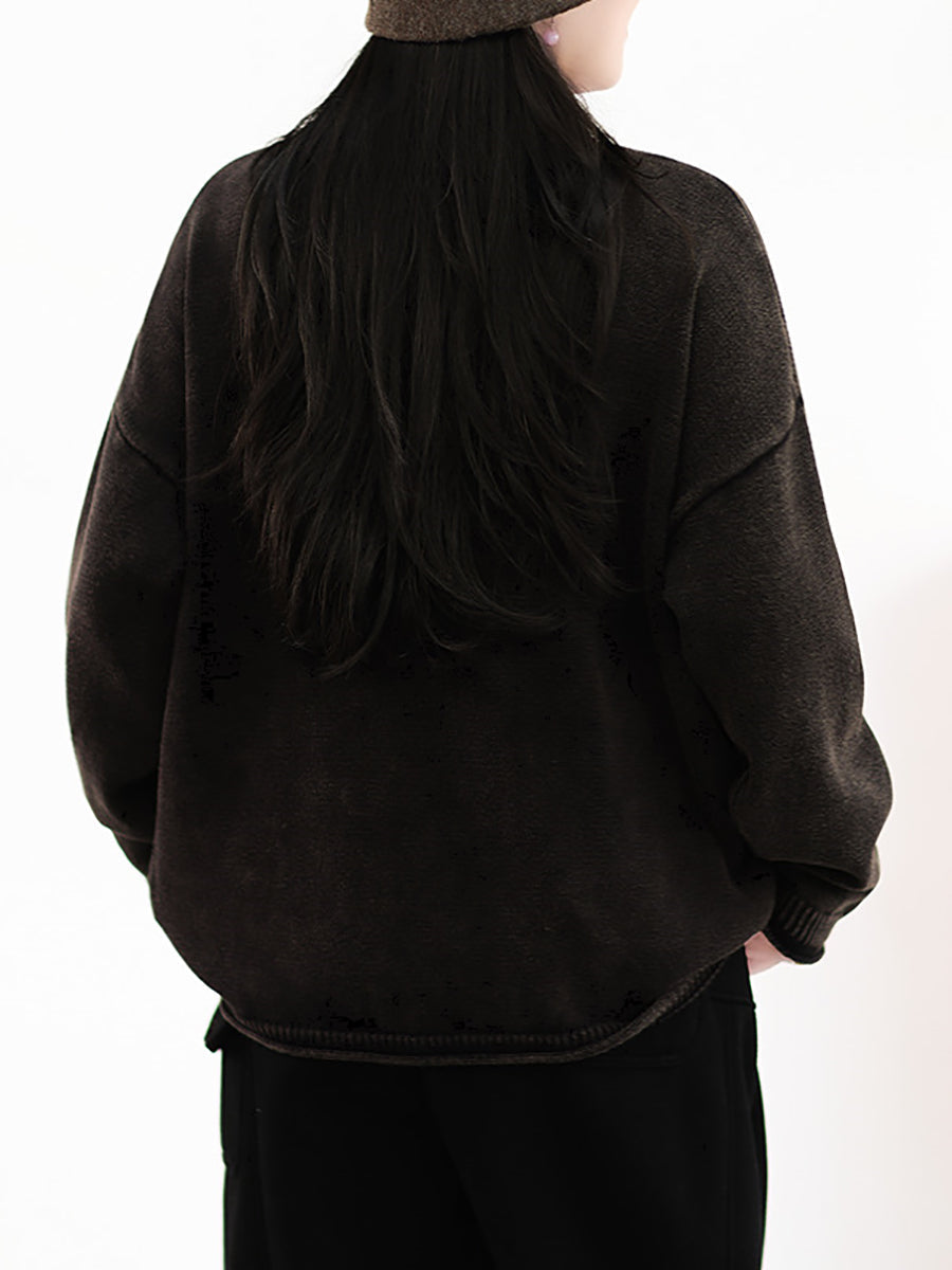 Women Autumn Retro Patch Spliced Knitted O-Neck Sweater