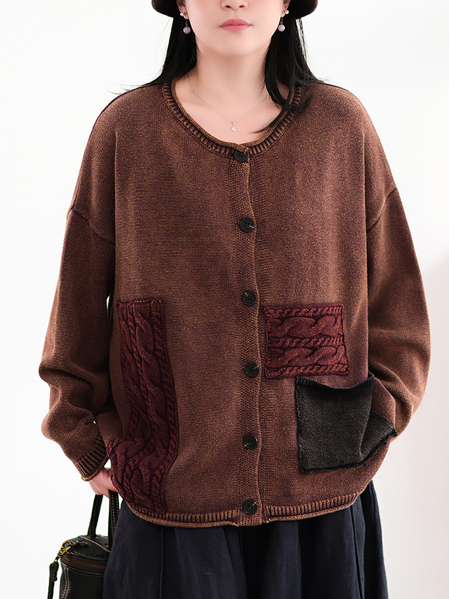 Women Autumn Retro Patch Spliced Knitted O-Neck Sweater