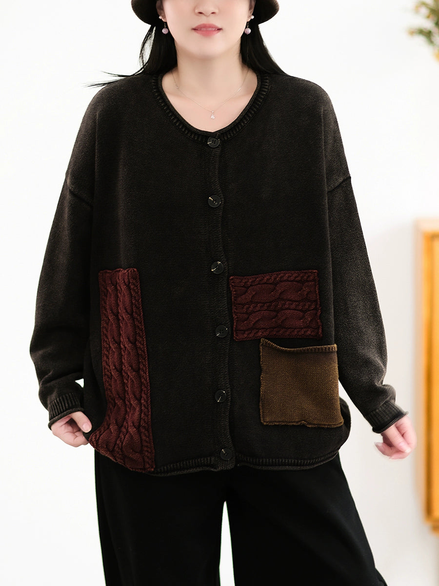 Women Autumn Retro Patch Spliced Knitted O-Neck Sweater