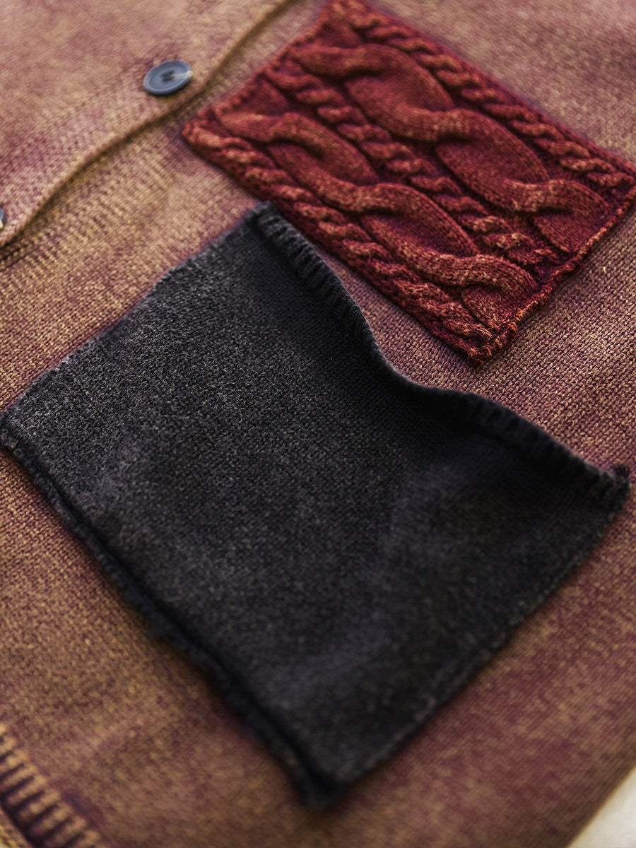 Women Autumn Retro Patch Spliced Knitted O-Neck Sweater