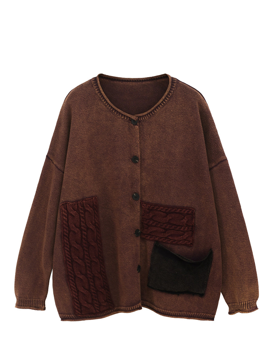 Women Autumn Retro Patch Spliced Knitted O-Neck Sweater