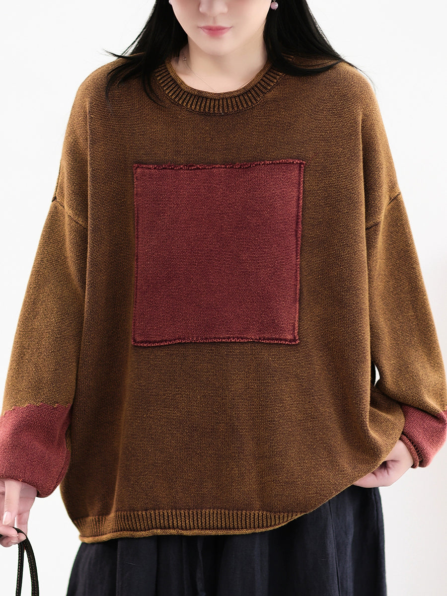 Women Autumn Retro Spliced 100%Cotton O-Neck Sweater