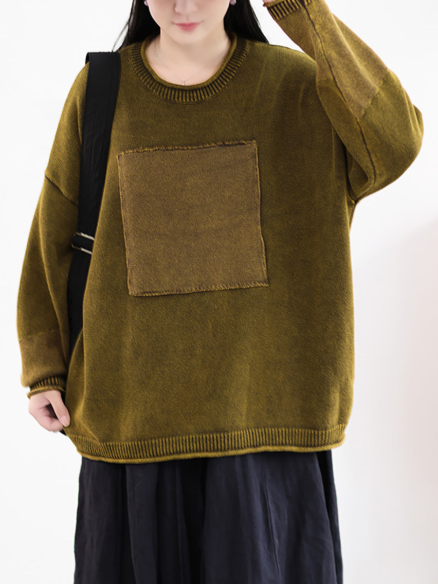 Women Autumn Retro Spliced 100%Cotton O-Neck Sweater