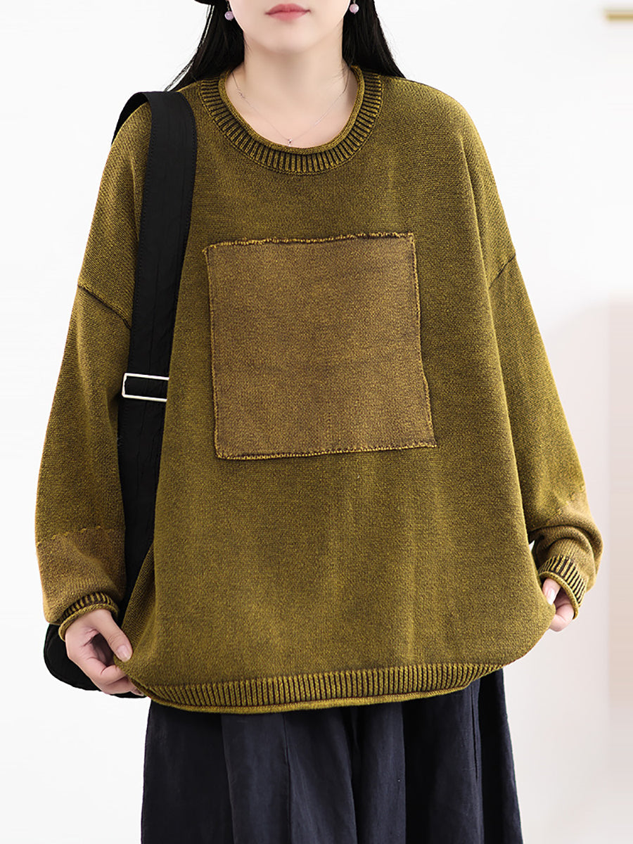 Women Autumn Retro Spliced 100%Cotton O-Neck Sweater