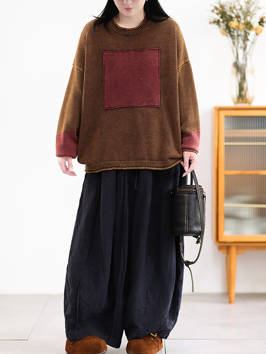 Women Autumn Retro Spliced 100%Cotton O-Neck Sweater