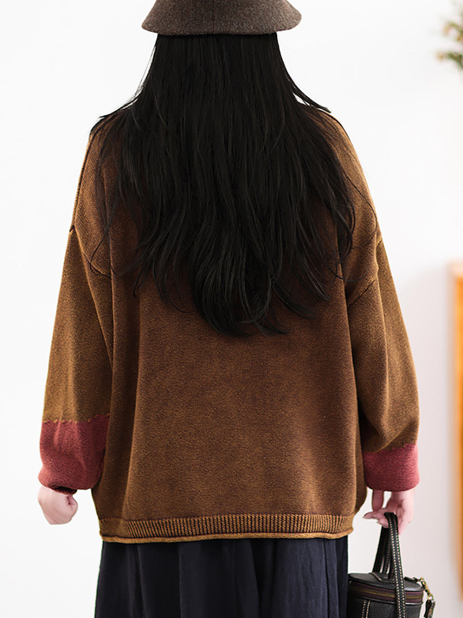 Women Autumn Retro Spliced 100%Cotton O-Neck Sweater