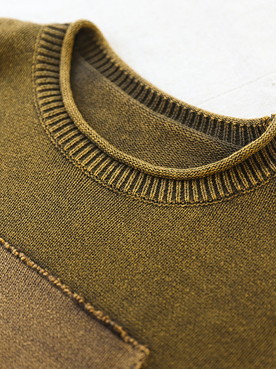 Women Autumn Retro Spliced 100%Cotton O-Neck Sweater