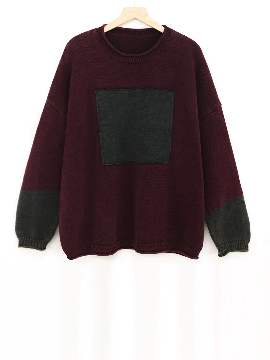 Women Autumn Retro Spliced 100%Cotton O-Neck Sweater