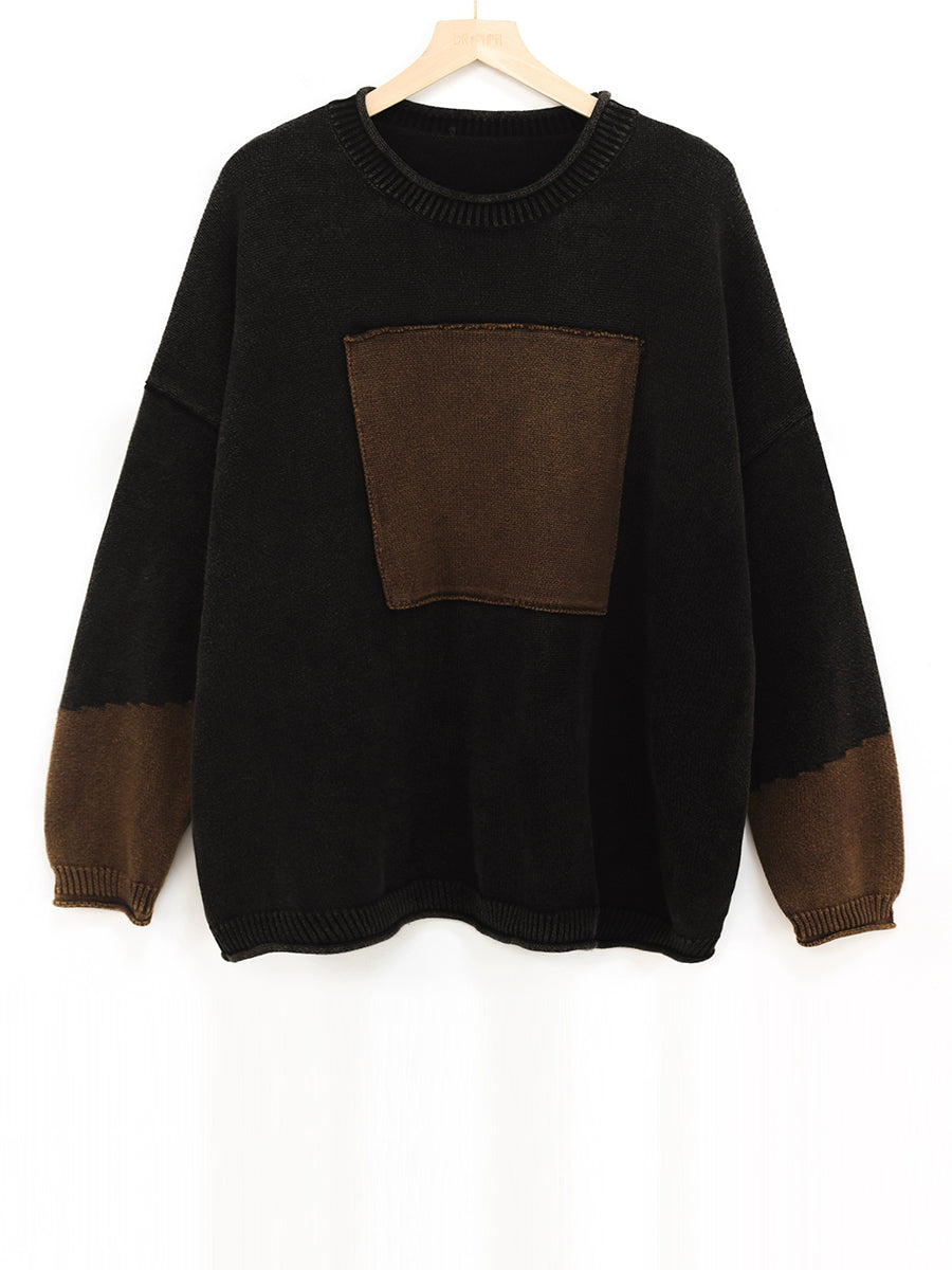 Women Autumn Retro Spliced 100%Cotton O-Neck Sweater
