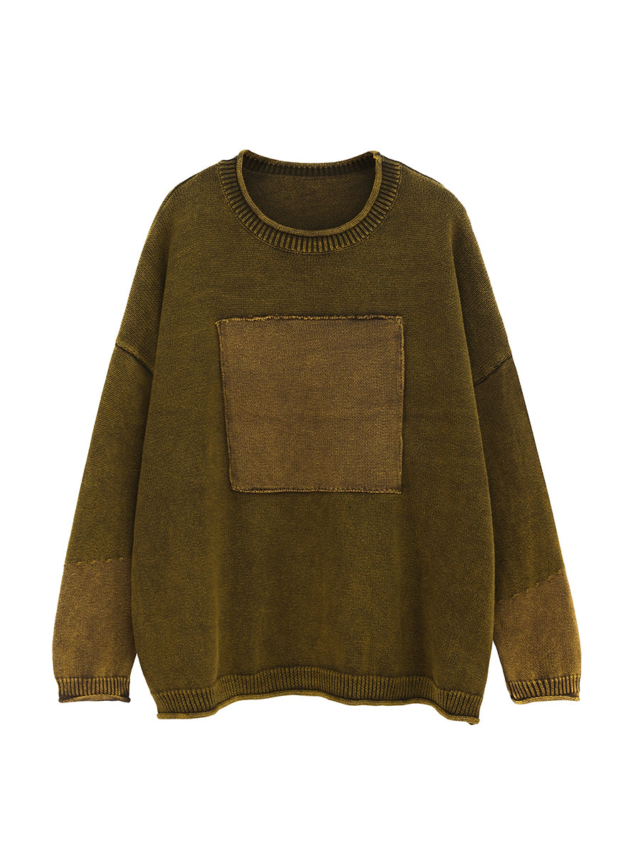 Women Autumn Retro Spliced 100%Cotton O-Neck Sweater