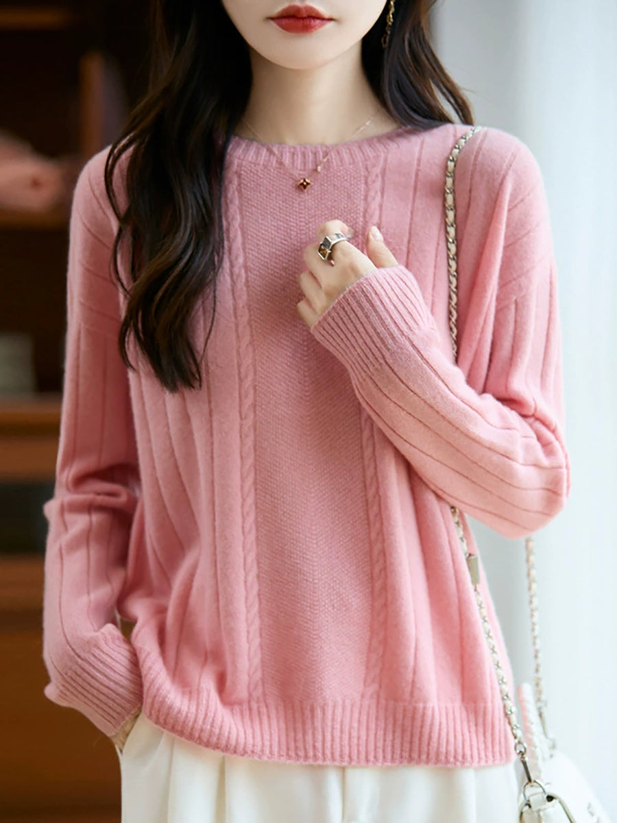 Women Autumn Casual Pure Color Knitted O-Neck Sweater