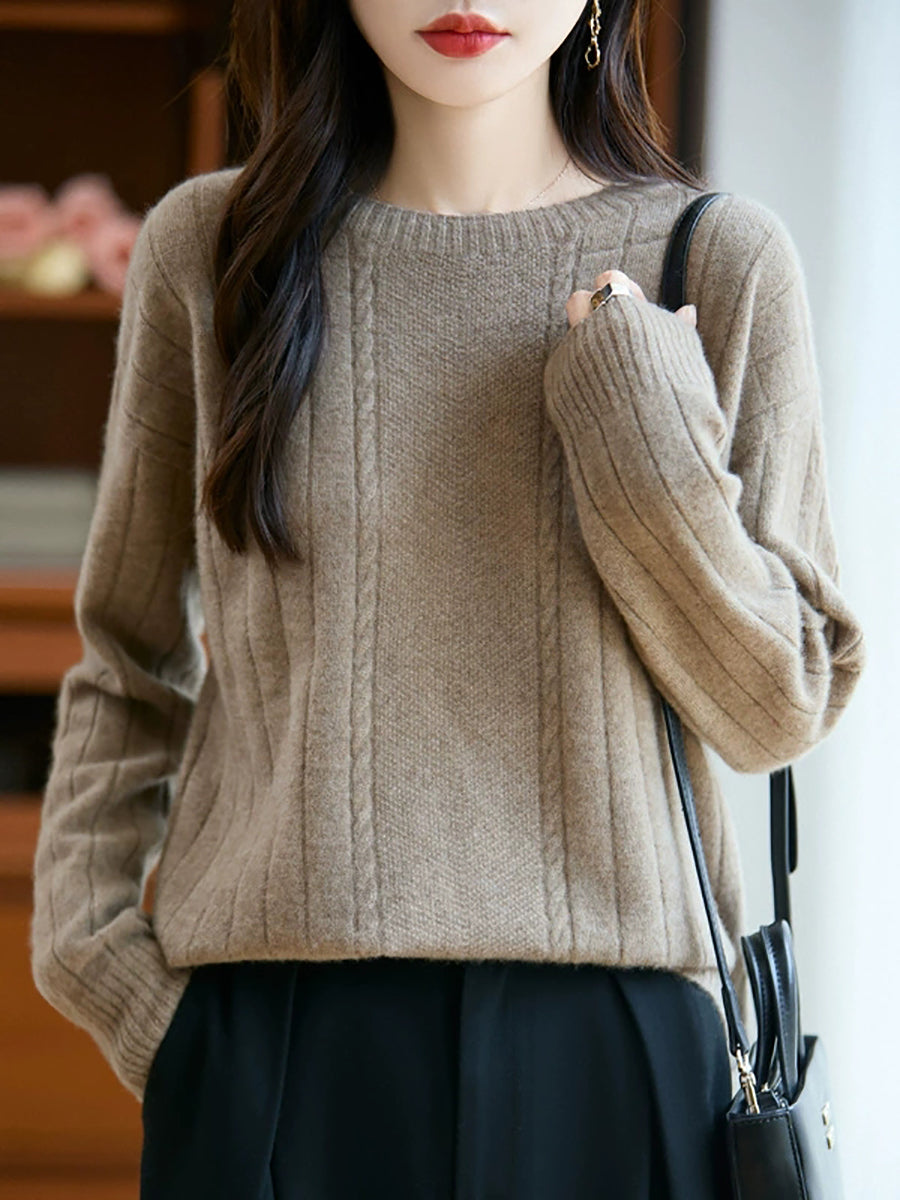 Women Autumn Casual Pure Color Knitted O-Neck Sweater