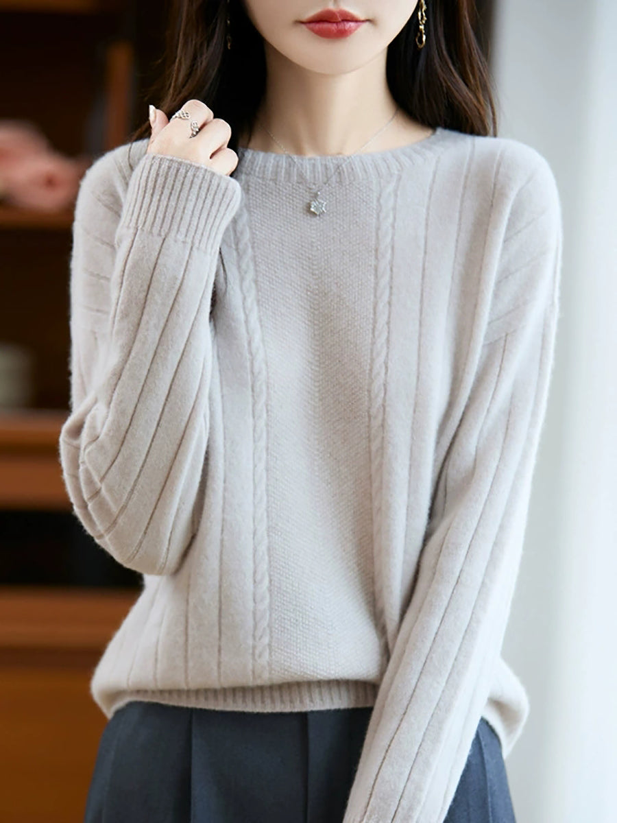 Women Autumn Casual Pure Color Knitted O-Neck Sweater