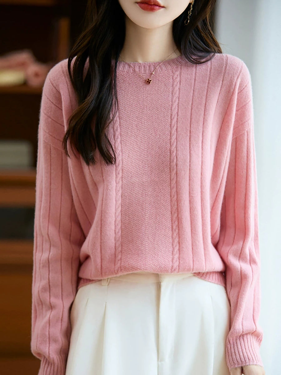 Women Autumn Casual Pure Color Knitted O-Neck Sweater