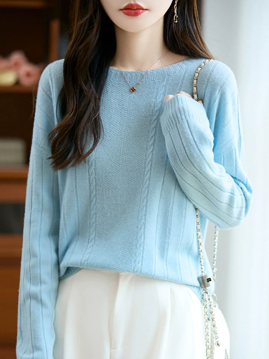 Women Autumn Casual Pure Color Knitted O-Neck Sweater