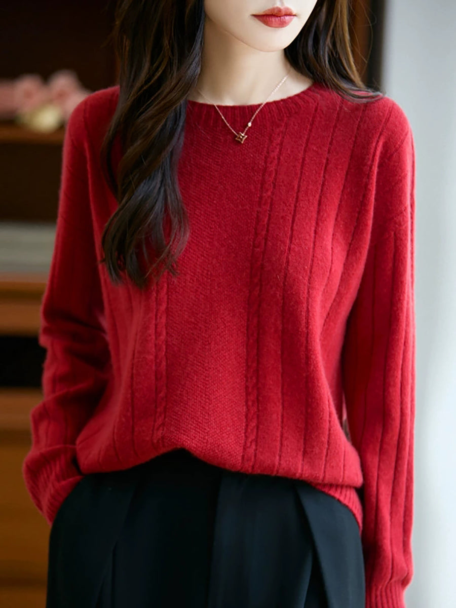 Women Autumn Casual Pure Color Knitted O-Neck Sweater