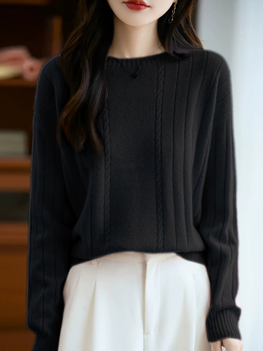 Women Autumn Casual Pure Color Knitted O-Neck Sweater