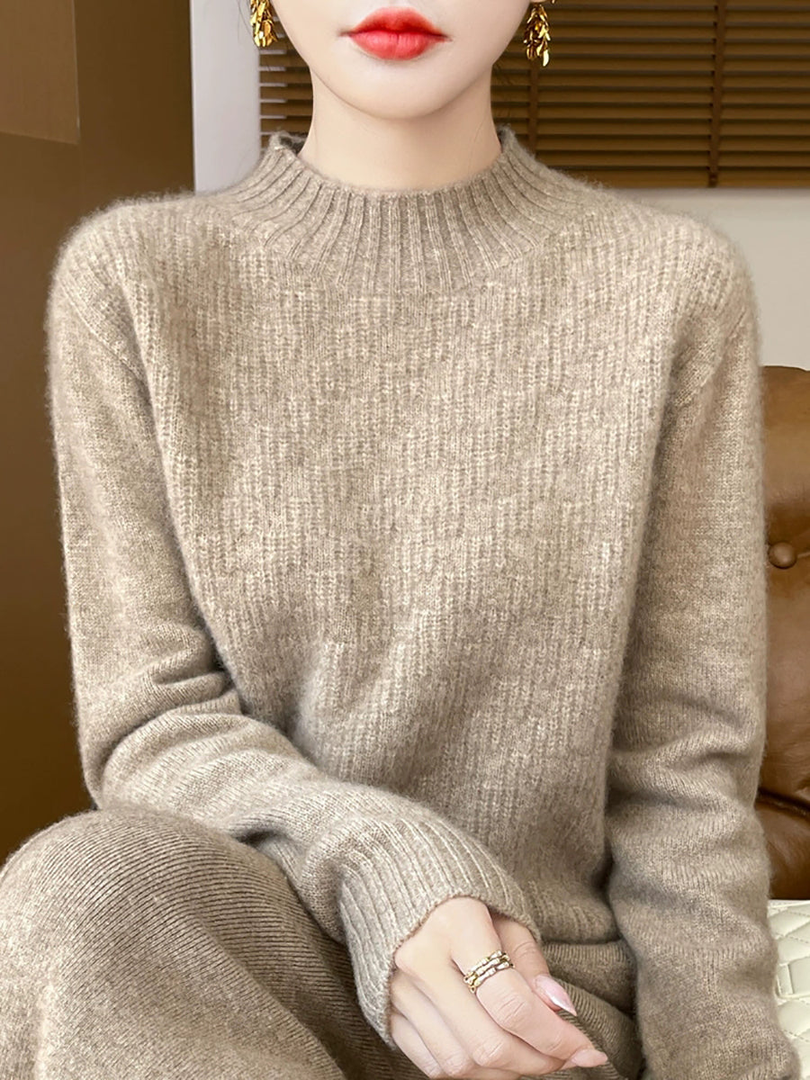 Women Autumn Pure Color Knitted Half-Turtleneck Sweater