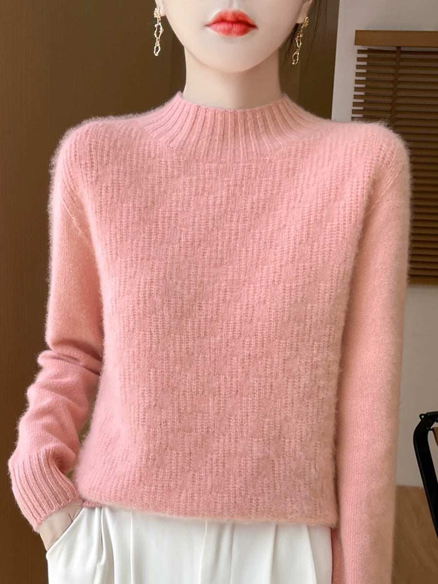 Women Autumn Pure Color Knitted Half-Turtleneck Sweater