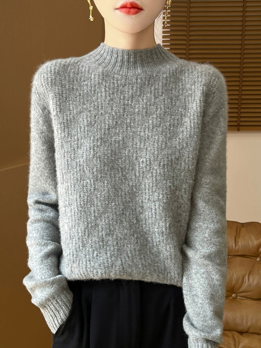 Women Autumn Pure Color Knitted Half-Turtleneck Sweater