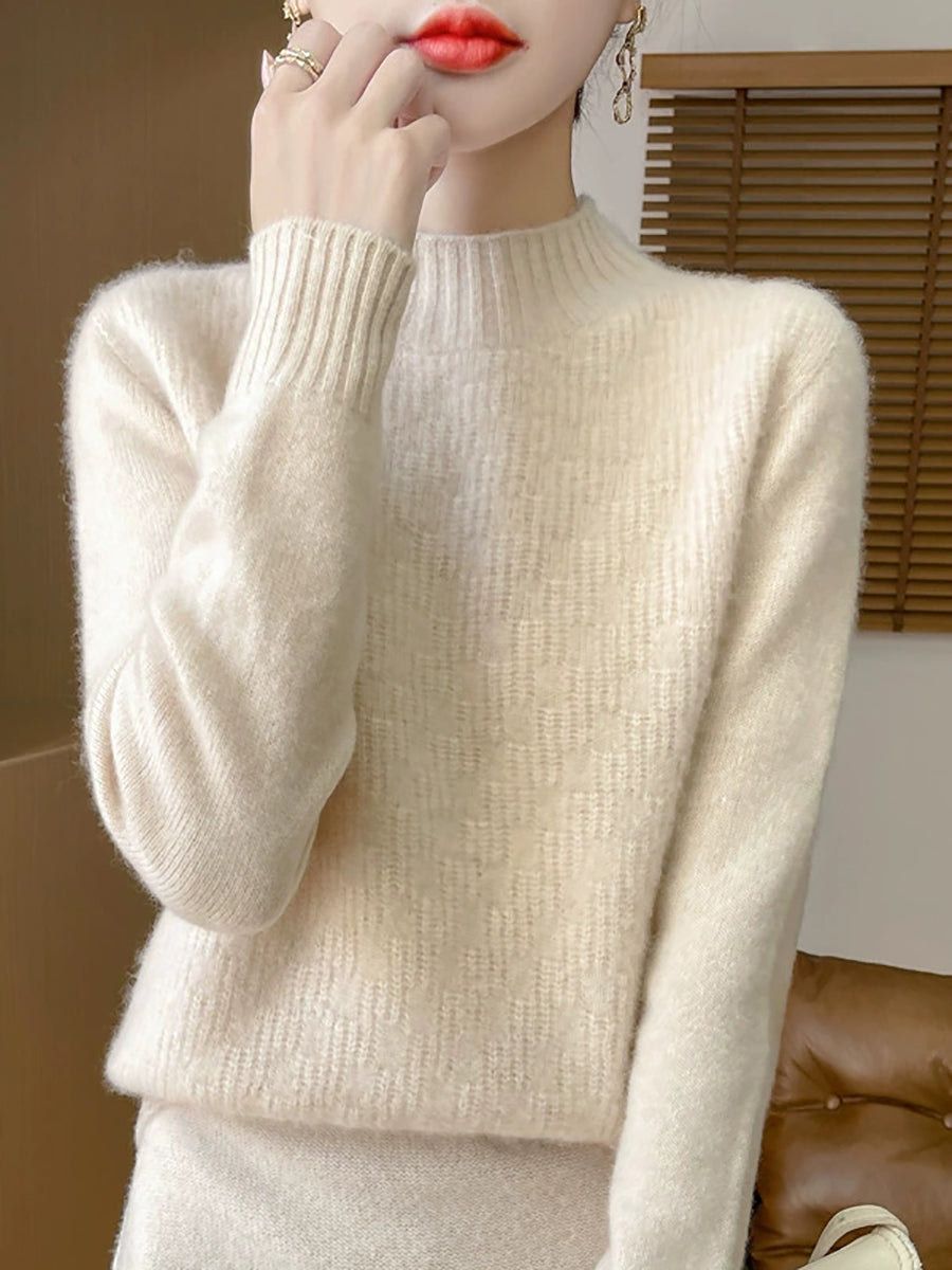 Women Autumn Pure Color Knitted Half-Turtleneck Sweater