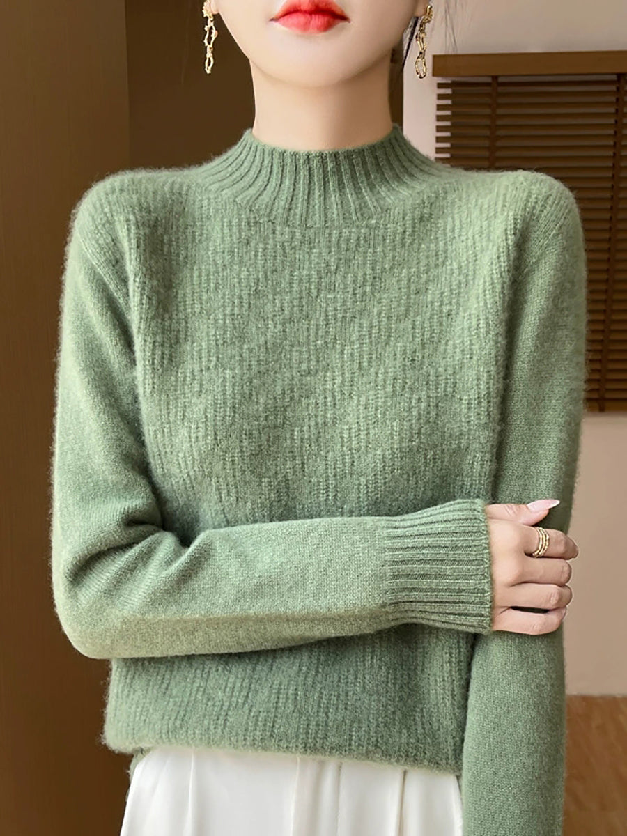 Women Autumn Pure Color Knitted Half-Turtleneck Sweater