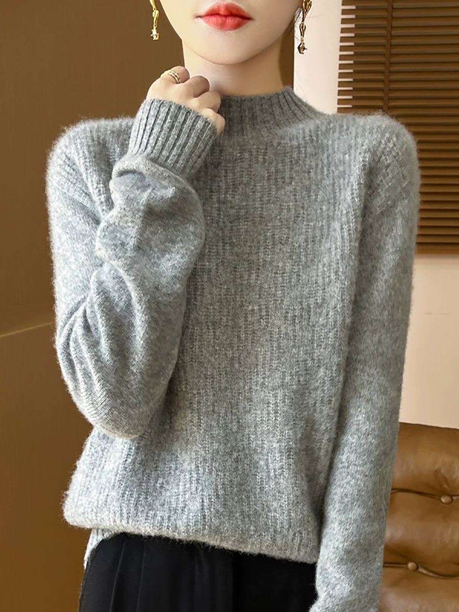 Women Autumn Pure Color Knitted Half-Turtleneck Sweater