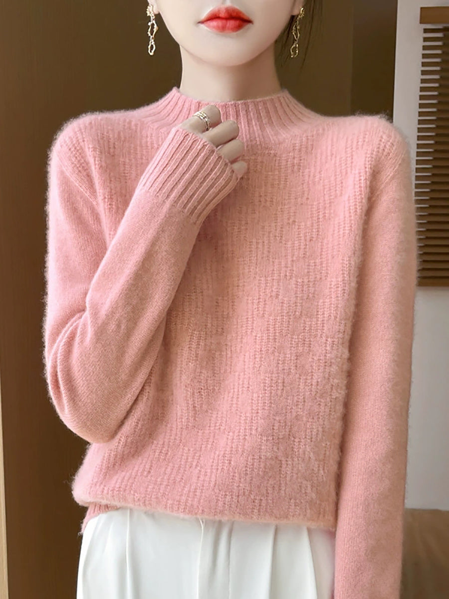 Women Autumn Pure Color Knitted Half-Turtleneck Sweater