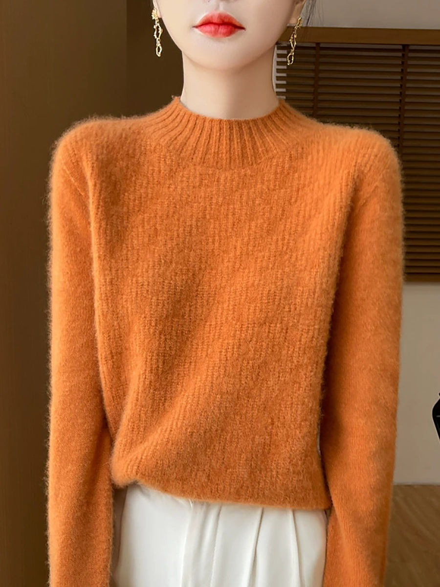 Women Autumn Pure Color Knitted Half-Turtleneck Sweater