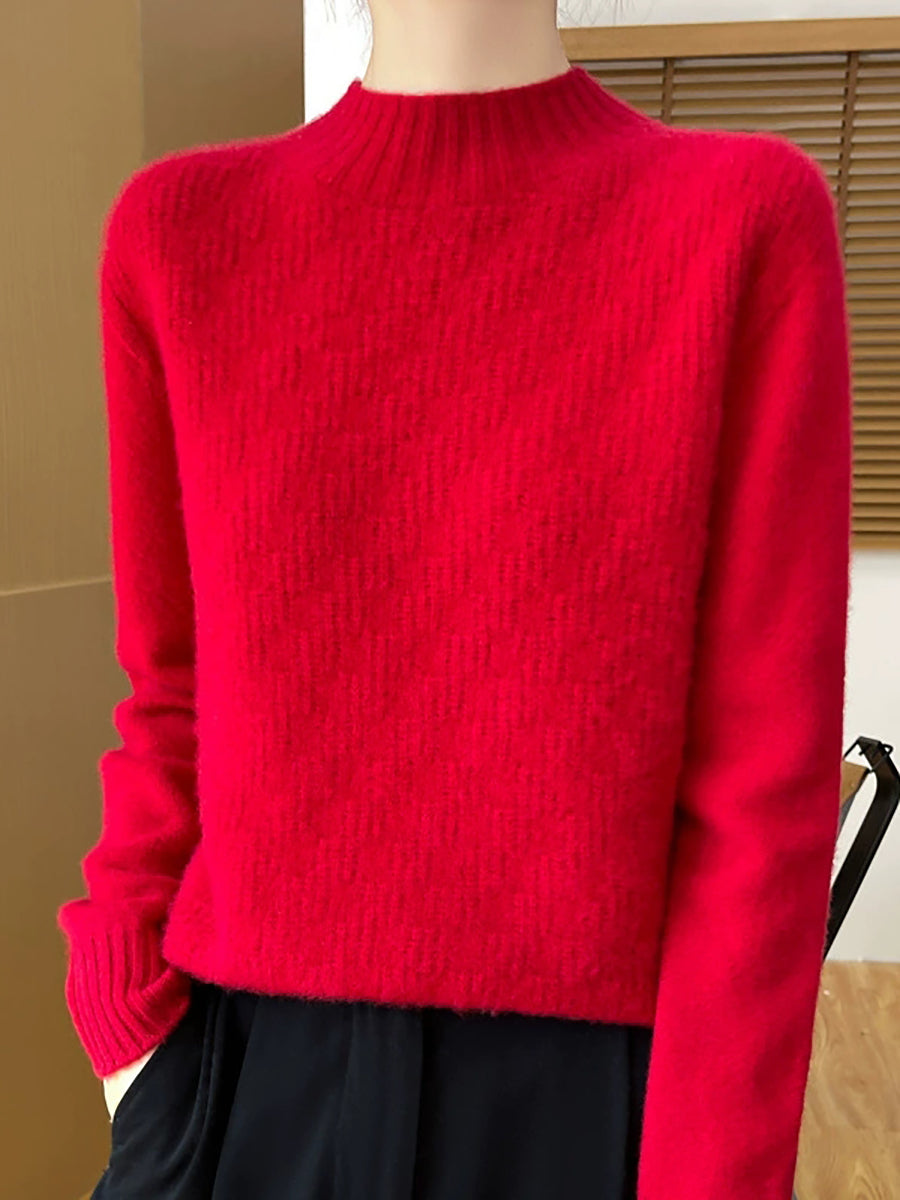 Women Autumn Pure Color Knitted Half-Turtleneck Sweater