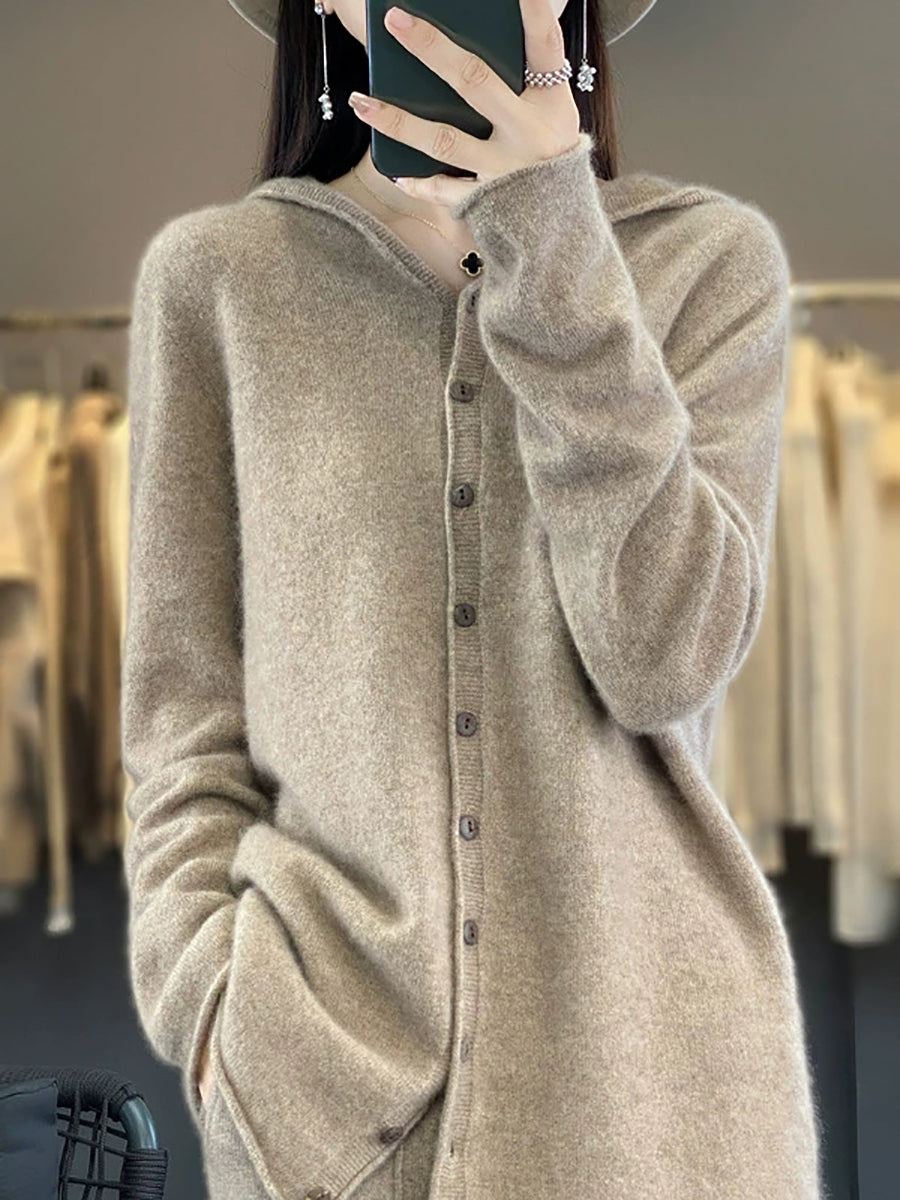 Women Autumn Casual Pure Color Knitted Hooded Sweater