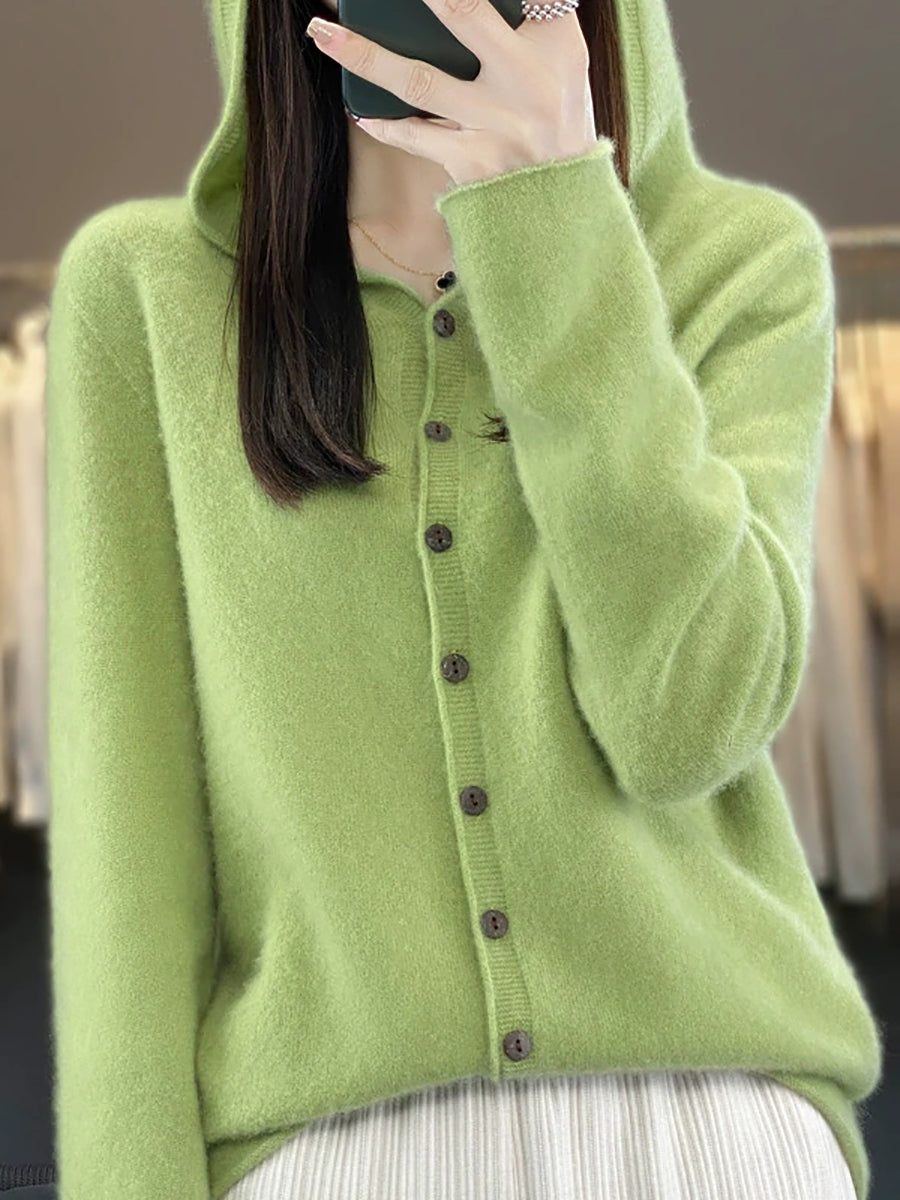 Women Autumn Casual Pure Color Knitted Hooded Sweater