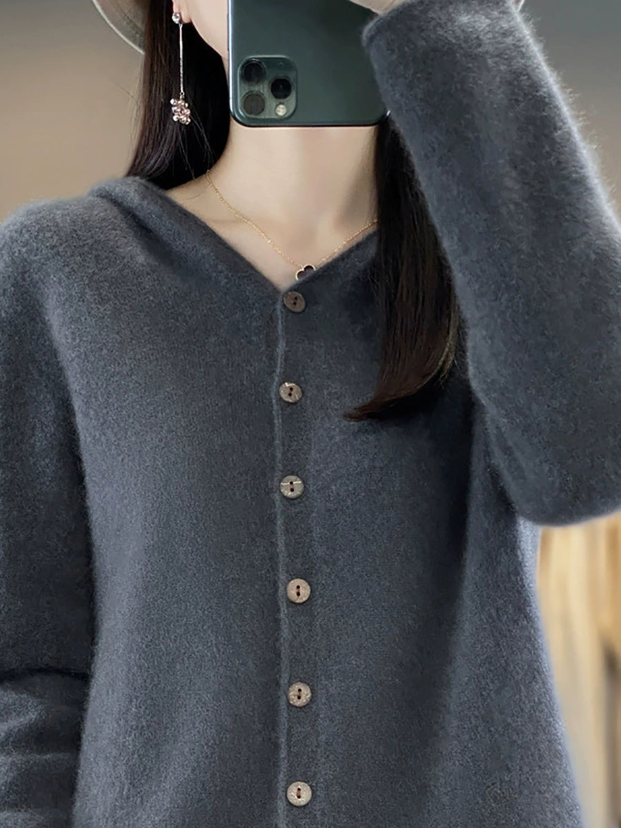 Women Autumn Casual Pure Color Knitted Hooded Sweater