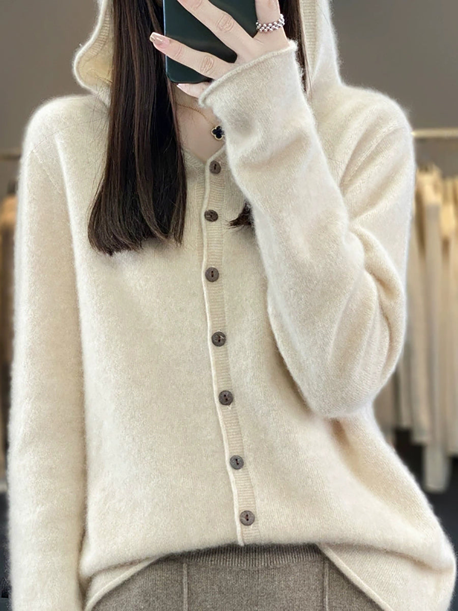 Women Autumn Casual Pure Color Knitted Hooded Sweater