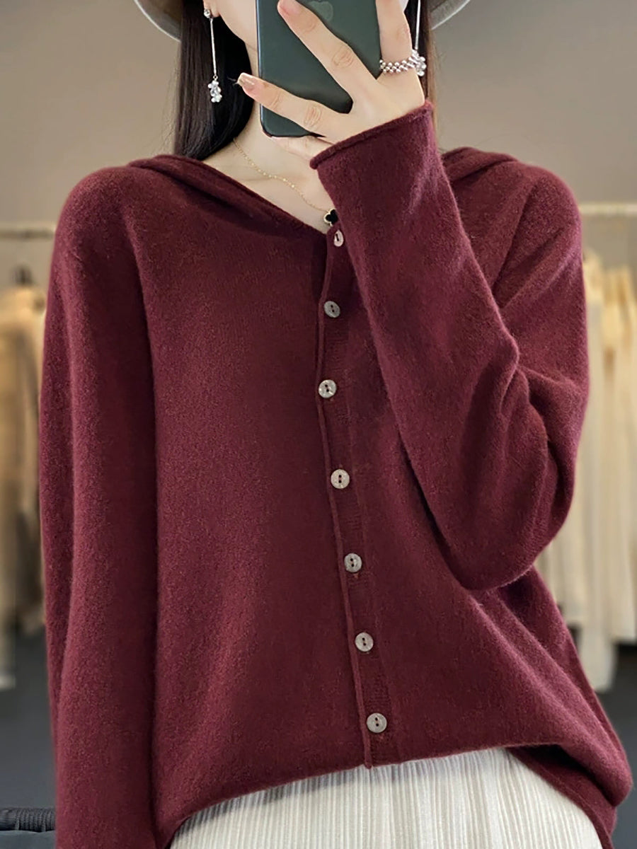 Women Autumn Casual Pure Color Knitted Hooded Sweater