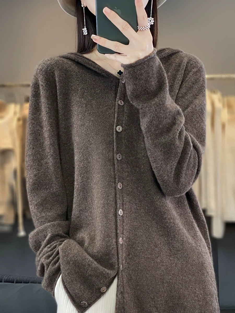 Women Autumn Casual Pure Color Knitted Hooded Sweater