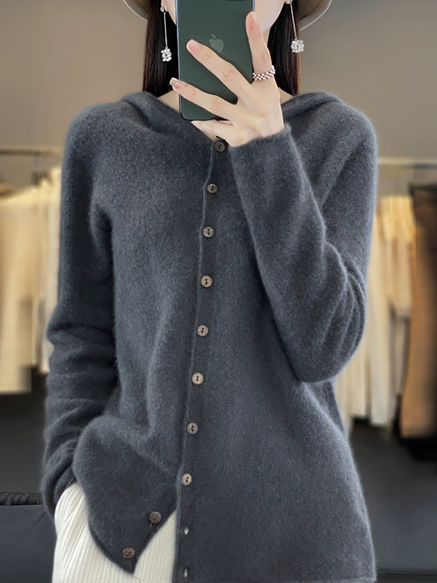 Women Autumn Casual Pure Color Knitted Hooded Sweater